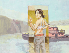 Painting by Elizabeth Tomasetti of female finger flipping us off with her ring finger in front of a mirror and a tug boat